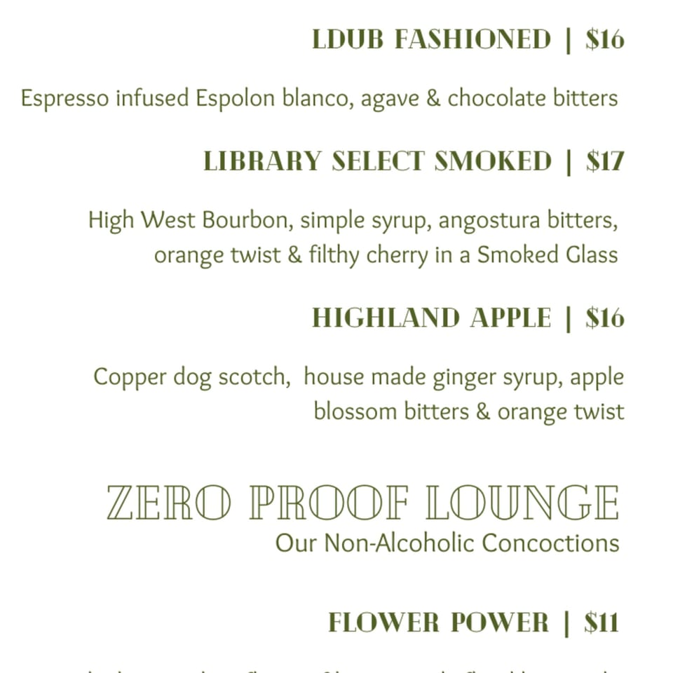 Restaurant drink menu featuring Old Fashioned, smoked whiskey, Highland Apple, and non-alcoholic Zero Proof Lounge selections.