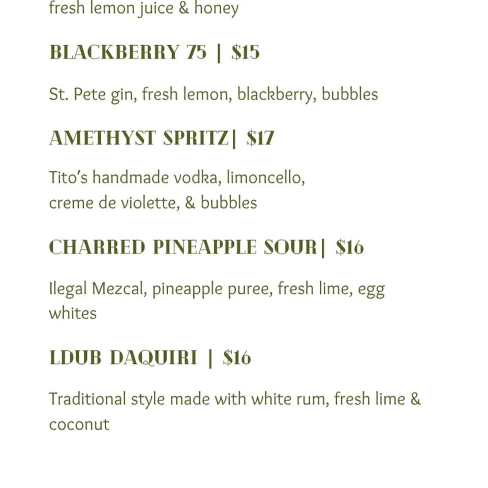 Cocktail menu listing Blackberry, Amethyst Spritz, Charred Pineapple Sour, and Ldub Daiquiri with ingredients and prices.