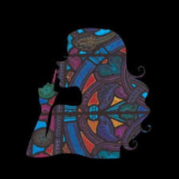 Colorful, stained-glass style silhouette of a woman's profile on a black background.