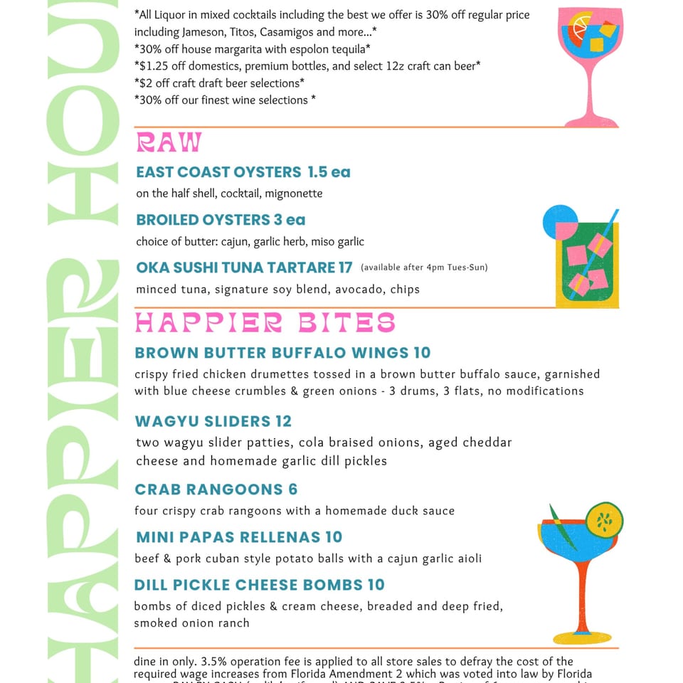Colorful restaurant menu page listing oysters, tuna tartare, wings, sliders, crab rangoons, and other appetizers with cocktail illustrations.
