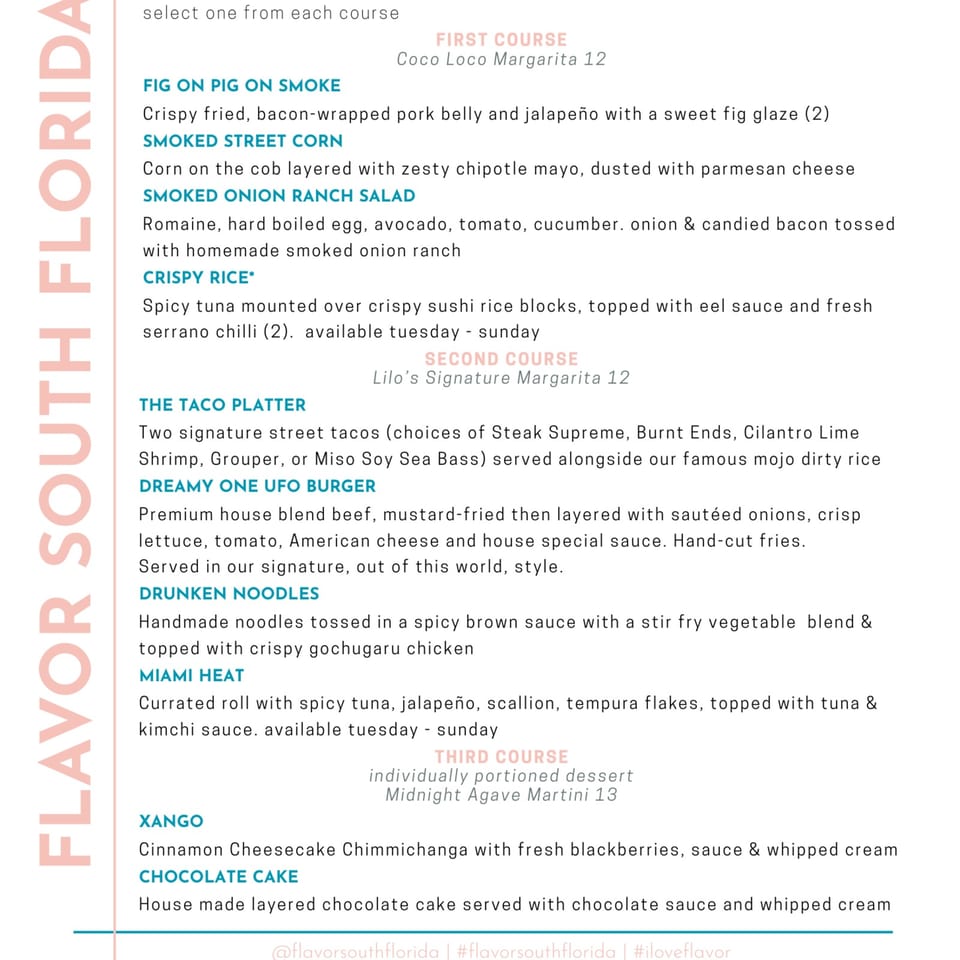 Three-course Flavor South Florida menu featuring appetizers, tacos, burgers, noodles, sushi, margaritas, and desserts.