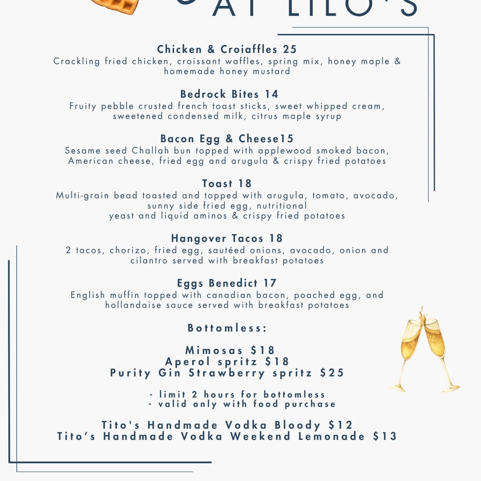 Brunch menu listing breakfast dishes, bottomless mimosas and spritzes, and vodka cocktails with champagne flute illustrations.