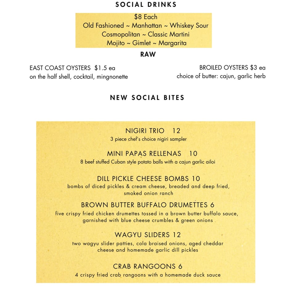 Restaurant menu featuring social drinks, raw oysters, and new social bites including nigiri, stuffed potato balls, sliders, and crab rangoons.