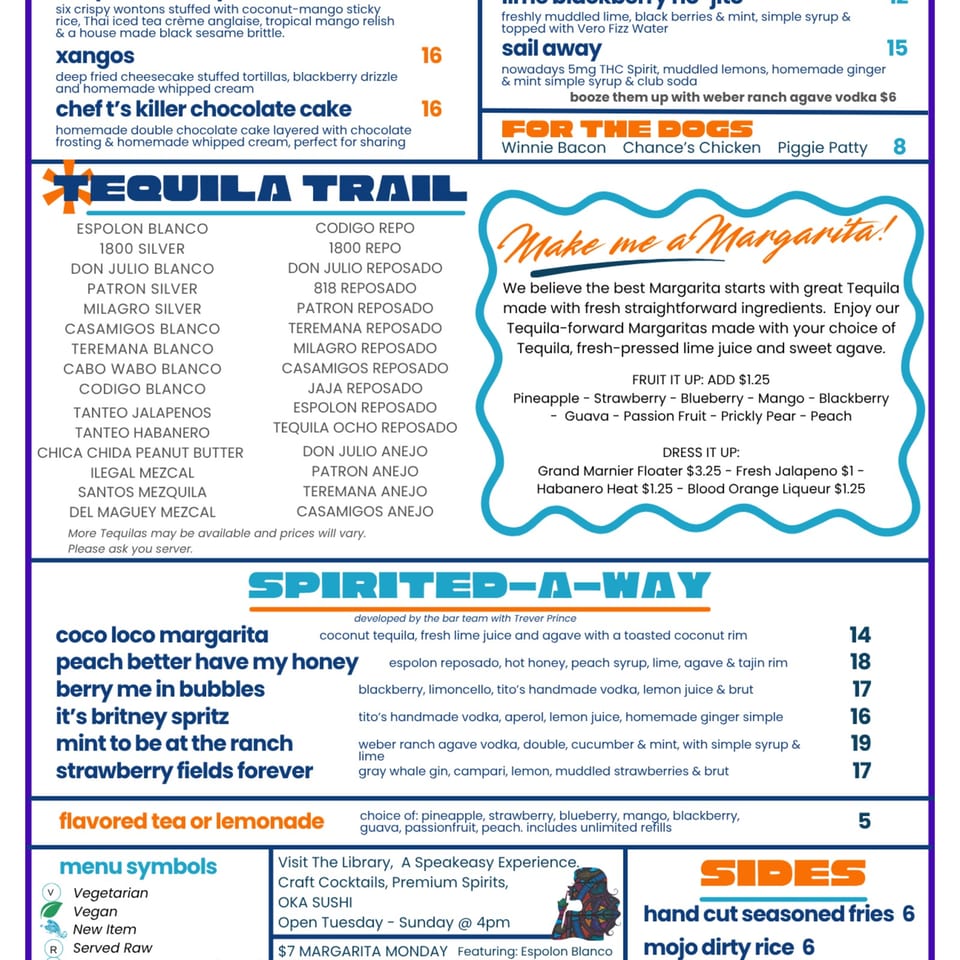 Restaurant menu featuring tequila selections, margarita customization options, specialty cocktails, flavored tea, and side dishes.