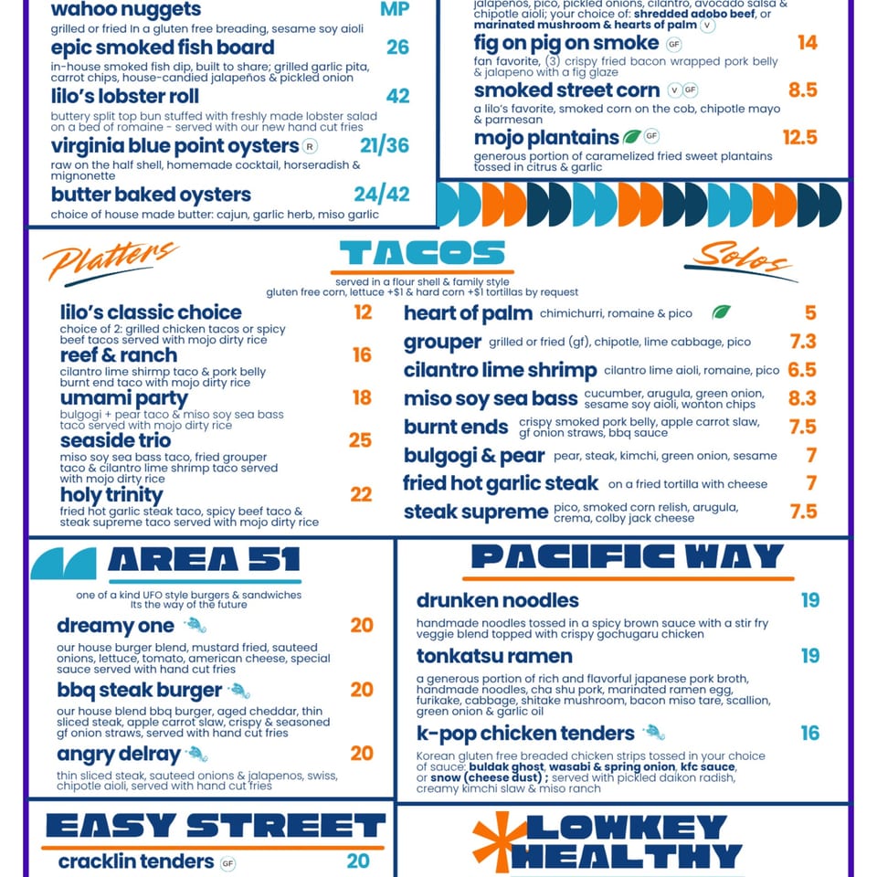 Restaurant menu featuring tacos, platters, burgers, ramen, noodles, seafood, and other dishes in colorful sections.