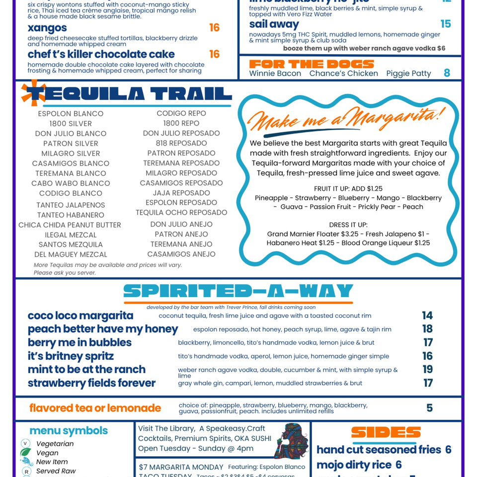 Restaurant menu page featuring tequila selections, margarita customization options, cocktails, flavored teas, and sides.