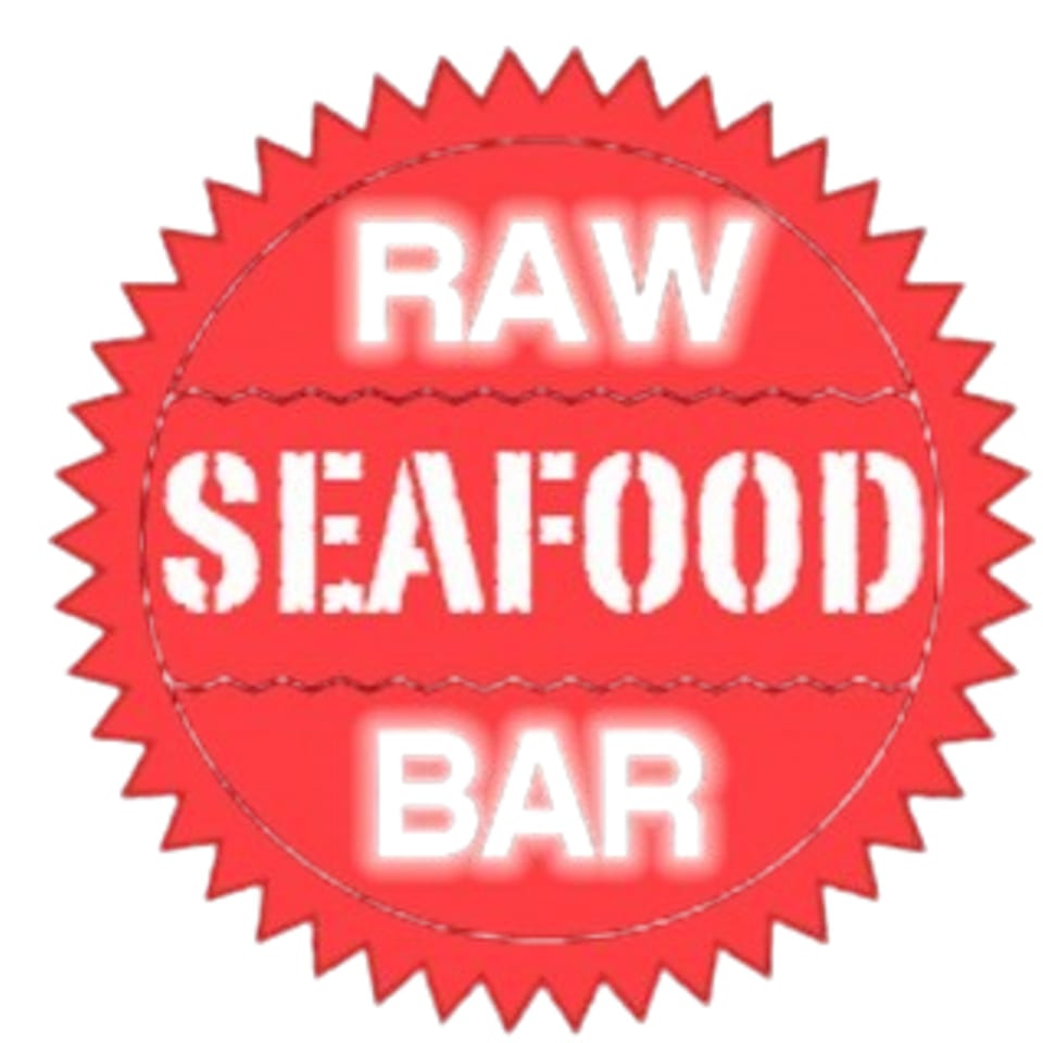 A red jagged-edge circle with "RAW SEAFOOD BAR" in glowing white stencil letters.