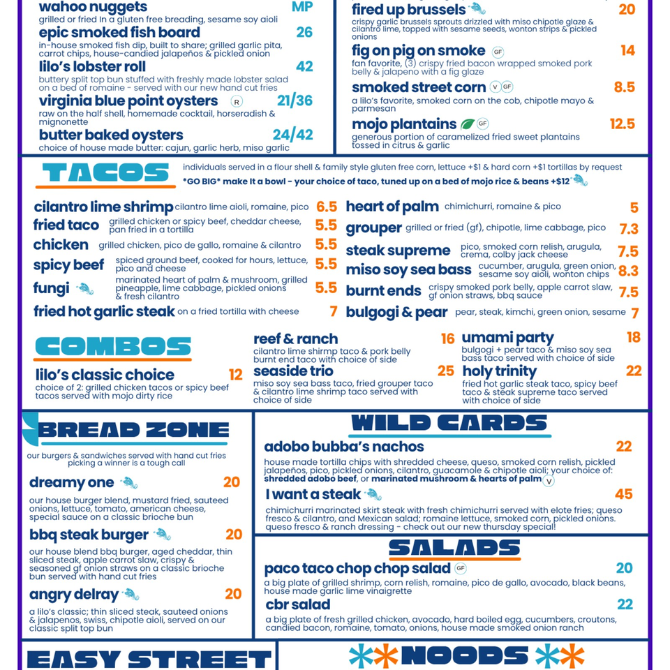 Restaurant menu featuring tacos, combos, burgers, salads, wild cards, and noodles in colorful blue and orange sections.