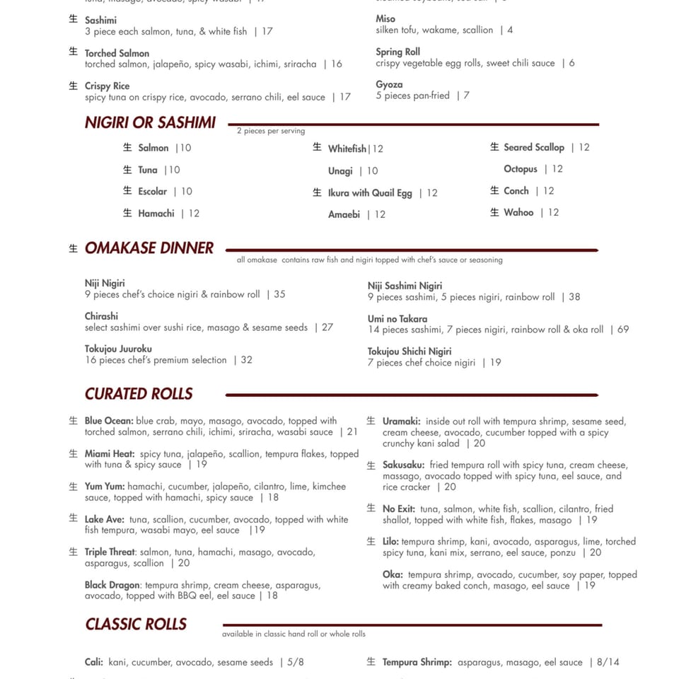 Japanese restaurant menu listing nigiri, sashimi, omakase dinners, curated sushi rolls, and classic rolls with prices.