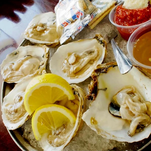 A platter of fresh oysters on ice with lemon wedges, cocktail sauce, and crackers.