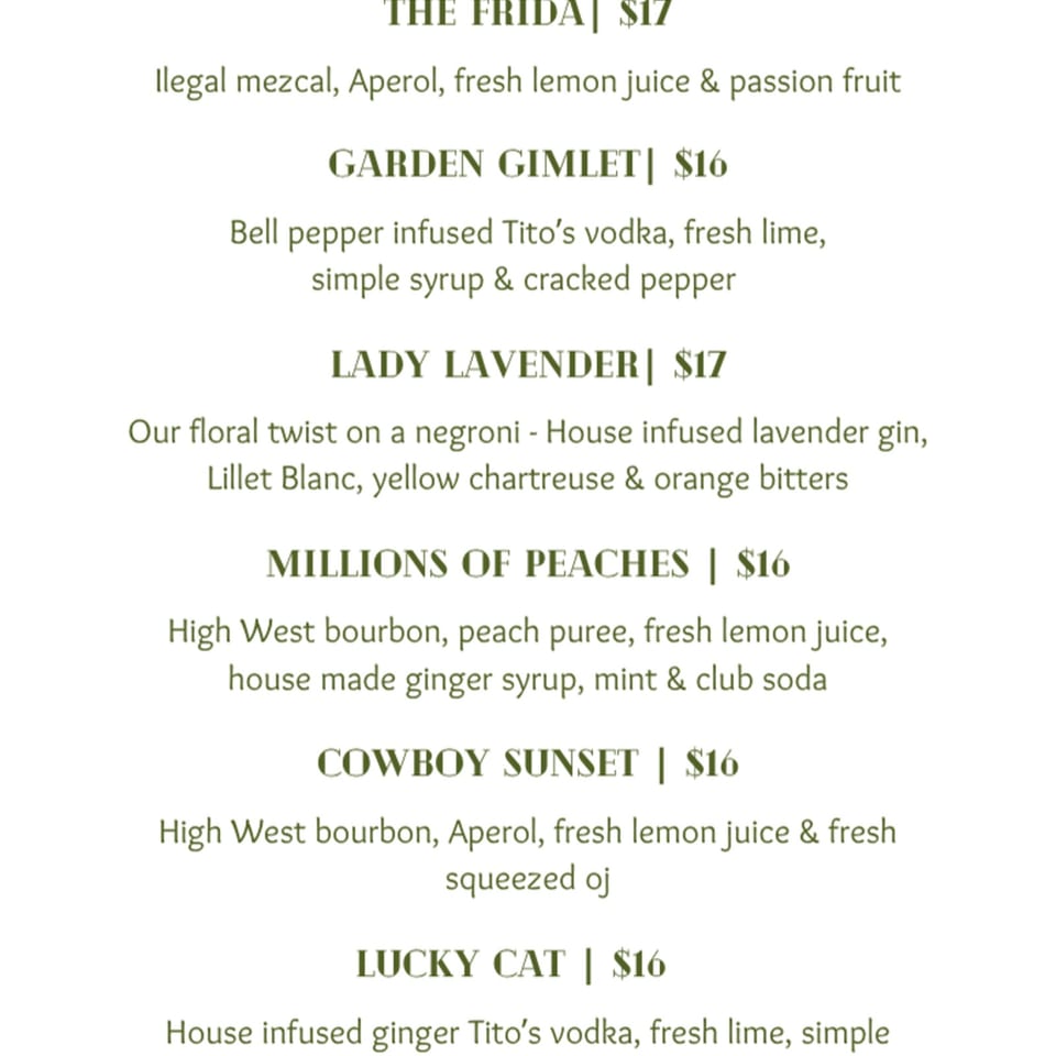 Printed cocktail menu listing drinks including Garden Gimlet, Lady Lavender, Millions of Peaches, Cowboy Sunset, and Lucky Cat.